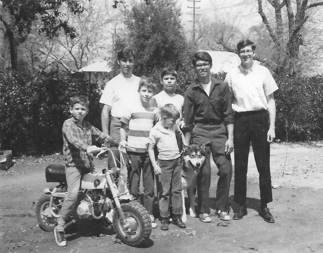 The Wagner Boys (sons of Jack Edward Wagner).  This photo was taken about 1968, on Tobias St, Van Nuys, CA in the lot behind the house.  Joe Wagner is sitting on the new Mini-Bike dad purchased for the kids.